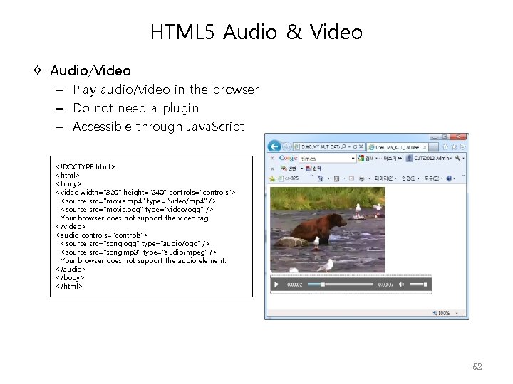 HTML 5 Audio & Video Audio/Video – Play audio/video in the browser – Do