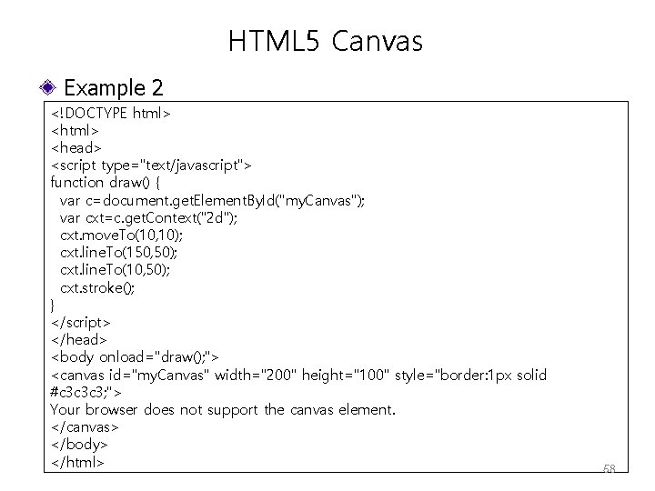 HTML 5 Canvas Example 2 <!DOCTYPE html> <head> <script type="text/javascript"> function draw() { var