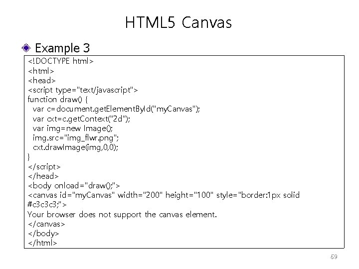HTML 5 Canvas Example 3 <!DOCTYPE html> <head> <script type="text/javascript"> function draw() { var
