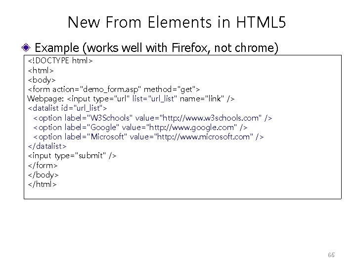 New From Elements in HTML 5 Example (works well with Firefox, not chrome) <!DOCTYPE