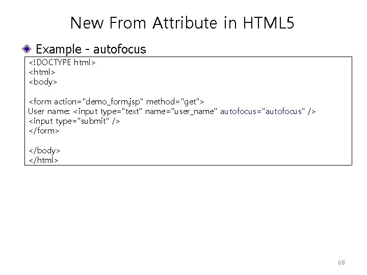 New From Attribute in HTML 5 Example - autofocus <!DOCTYPE html> <body> <form action="demo_form.