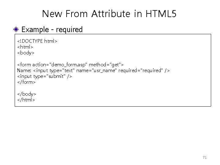 New From Attribute in HTML 5 Example - required <!DOCTYPE html> <body> <form action="demo_form.