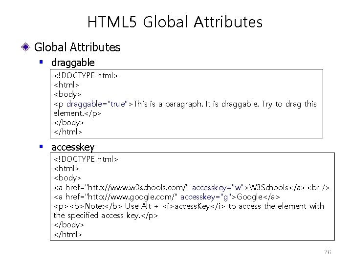 HTML 5 Global Attributes § draggable <!DOCTYPE html> <body> <p draggable="true">This is a paragraph.