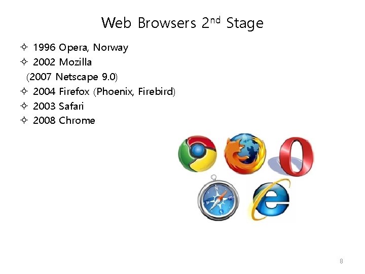 Web Browsers 2 nd Stage 1996 Opera, Norway 2002 Mozilla (2007 Netscape 9. 0)