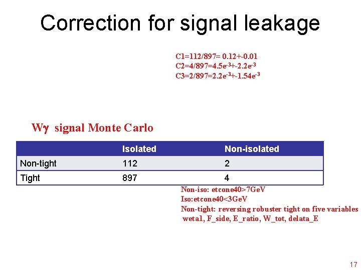 Correction for signal leakage C 1=112/897= 0. 12+-0. 01 C 2=4/897=4. 5 e-3+-2. 2