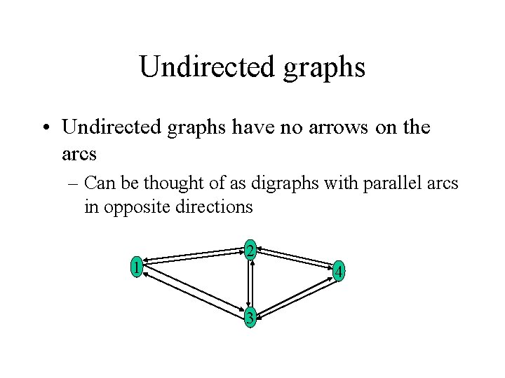 Undirected graphs • Undirected graphs have no arrows on the arcs – Can be
