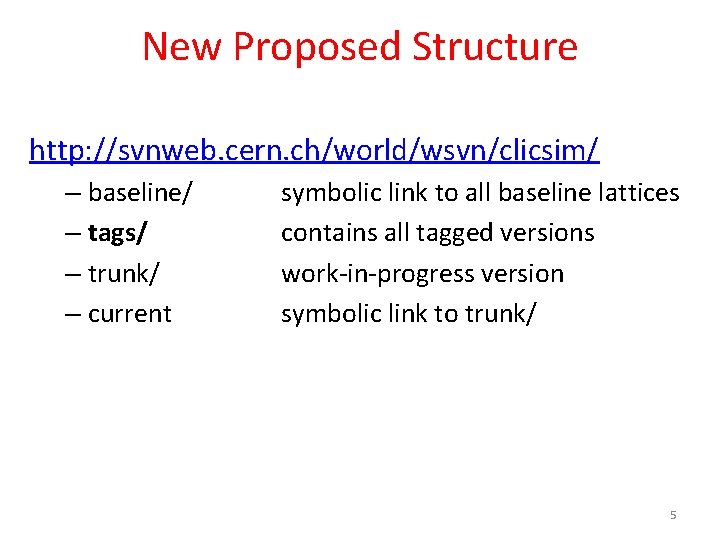 New Proposed Structure http: //svnweb. cern. ch/world/wsvn/clicsim/ – baseline/ – tags/ – trunk/ –