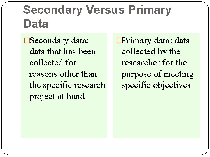 Secondary Versus Primary Data �Secondary data: data that has been collected for reasons other