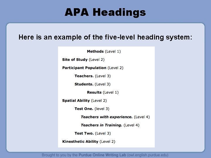 APA Headings Here is an example of the five-level heading system: 