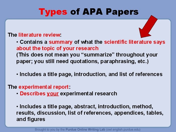 Types of APA Papers The literature review: • Contains a summary of what the