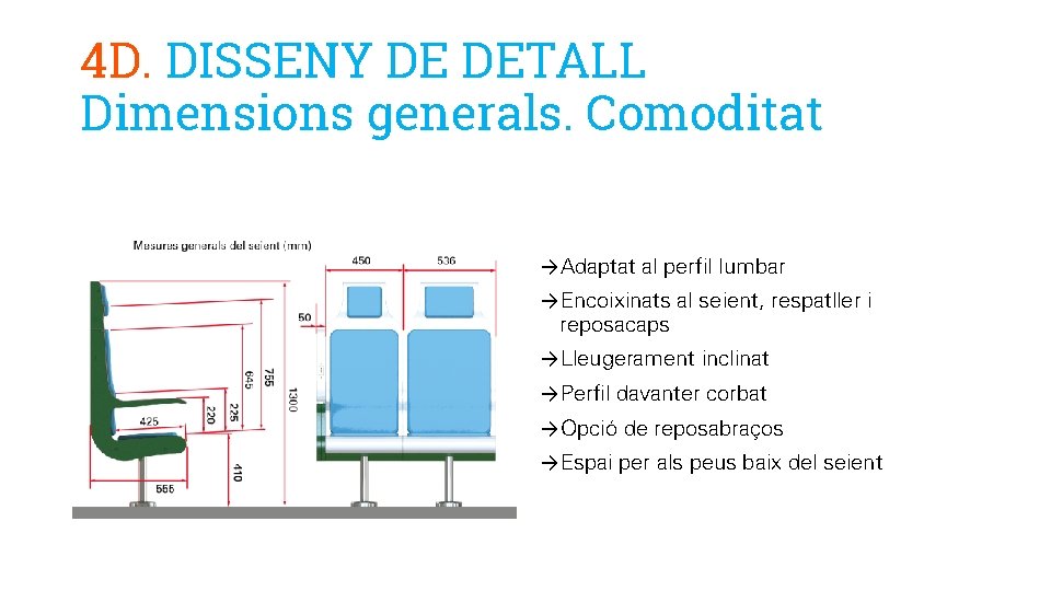 4 D. DISSENY DE DETALL Dimensions generals. Comoditat →Adaptat al perfil lumbar →Encoixinats al