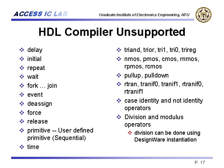 ACCESS IC LAB Graduate Institute of Electronics Engineering, NTU HDL Compiler Unsupported v v