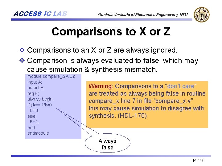 ACCESS IC LAB Graduate Institute of Electronics Engineering, NTU Comparisons to X or Z