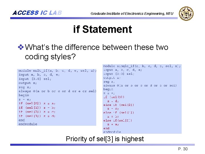 ACCESS IC LAB Graduate Institute of Electronics Engineering, NTU if Statement v What’s the