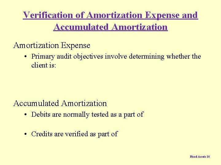 Verification of Amortization Expense and Accumulated Amortization Expense • Primary audit objectives involve determining