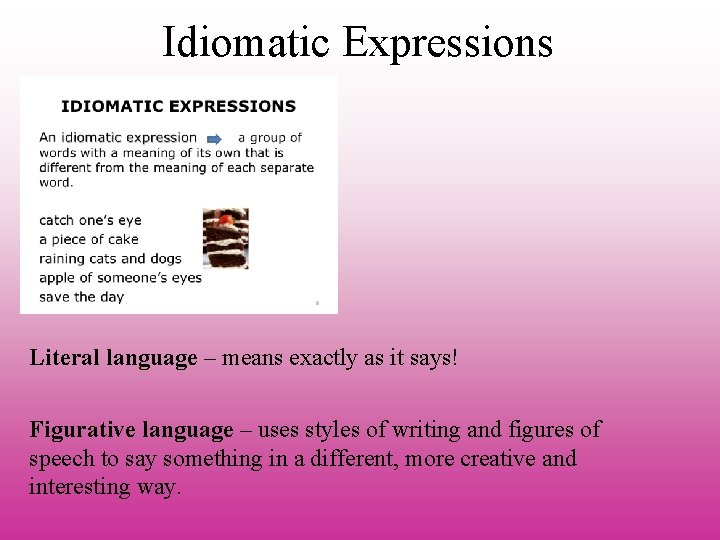 Idiomatic Expressions Literal language – means exactly as it says! Figurative language – uses