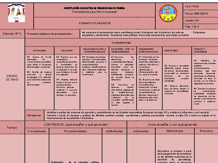 Cod: FA 02 INSTITUCIÓN EDUCATIVA EL TRIUNFO SANTA TERESA “Formándonos para vivir en sociedad”