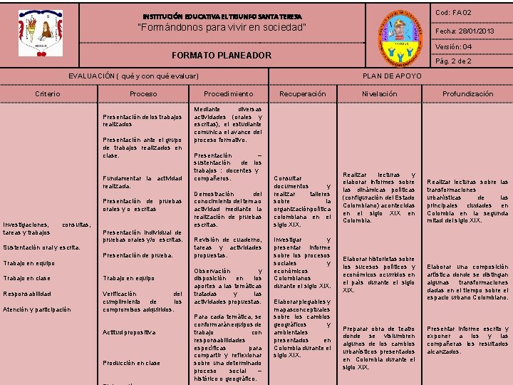 Cod: FA 02 INSTITUCIÓN EDUCATIVA EL TRIUNFO SANTA TERESA “Formándonos para vivir en sociedad”