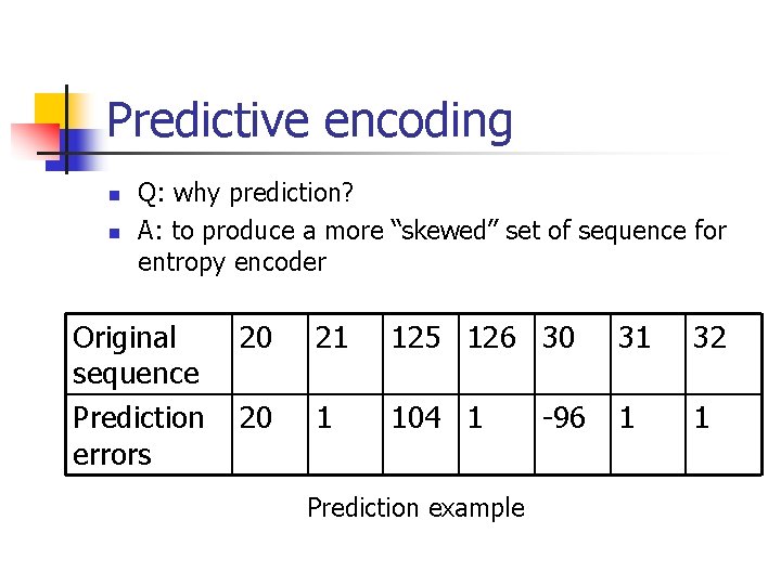 Predictive encoding n n Q: why prediction? A: to produce a more “skewed” set