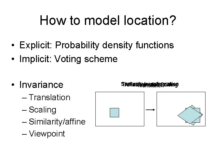 How to model location? • Explicit: Probability density functions • Implicit: Voting scheme • How to model location? • Explicit: Probability density functions • Implicit: Voting scheme •