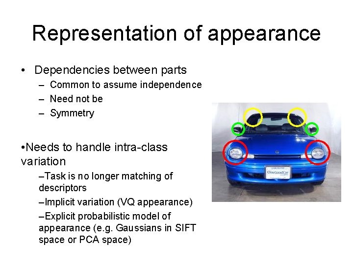 Representation of appearance • Dependencies between parts – Common to assume independence – Need Representation of appearance • Dependencies between parts – Common to assume independence – Need