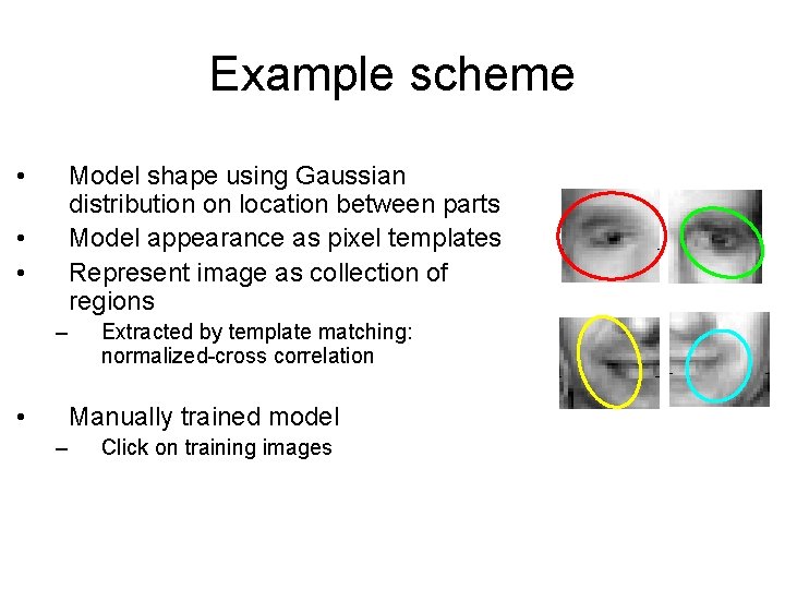 Example scheme • Model shape using Gaussian distribution on location between parts Model appearance Example scheme • Model shape using Gaussian distribution on location between parts Model appearance