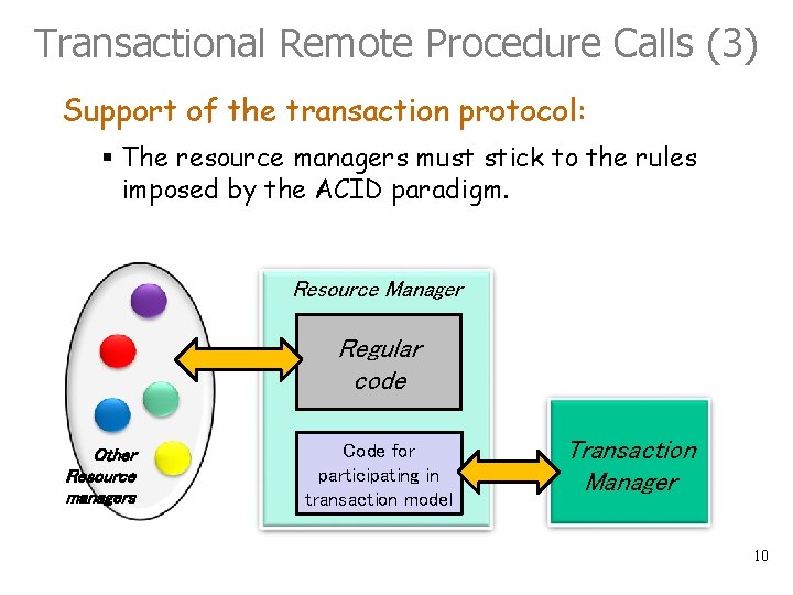 Transactional Remote Procedure Calls (3) Support of the transaction protocol: § The resource managers