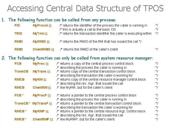 Accessing Central Data Structure of TPOS 1. The following function can be called from