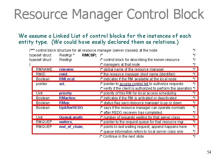 Resource Manager Control Block We assume a Linked List of control blocks for the
