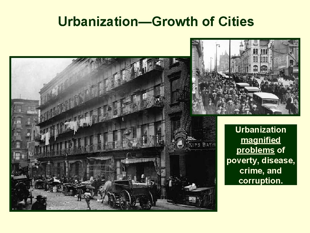 Urbanization—Growth of Cities Urbanization magnified problems of poverty, disease, crime, and corruption. Urbanization—Growth of Cities Urbanization magnified problems of poverty, disease, crime, and corruption.