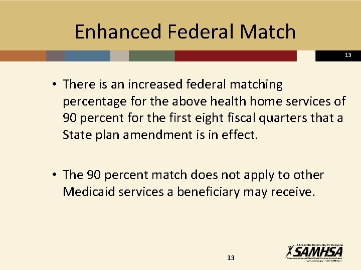  Enhanced Federal Match 13 • There is an increased federal matching percentage for