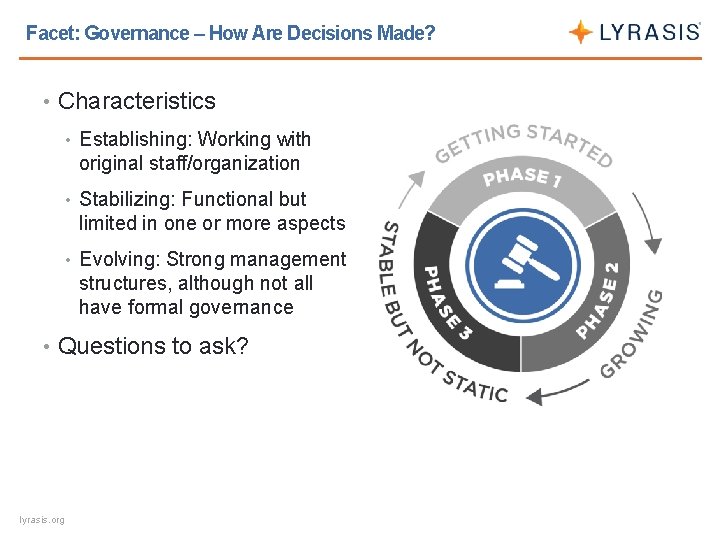 Facet: Governance – How Are Decisions Made? • Characteristics • Establishing: Working with original