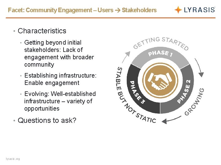 Facet: Community Engagement – Users Stakeholders • Characteristics • Getting beyond initial stakeholders: Lack