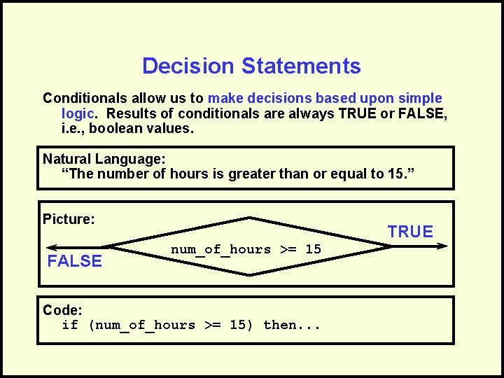 Decision Statements Conditionals allow us to make decisions based upon simple logic. Results of