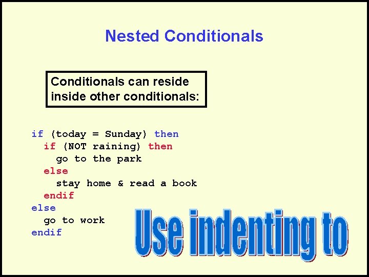 Nested Conditionals can reside inside other conditionals: if (today = Sunday) then if (NOT