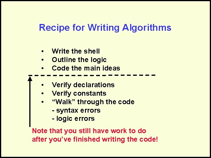 Recipe for Writing Algorithms • • • Write the shell Outline the logic Code