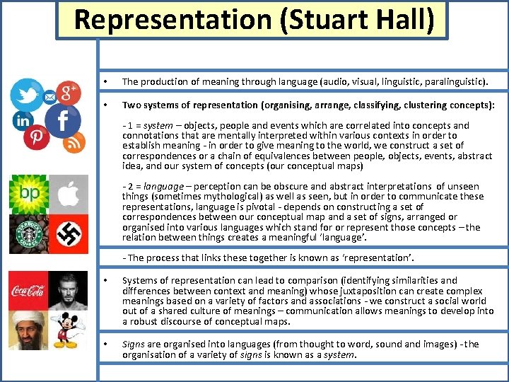 Representation (Stuart Hall) • The production of meaning through language (audio, visual, linguistic, paralinguistic).