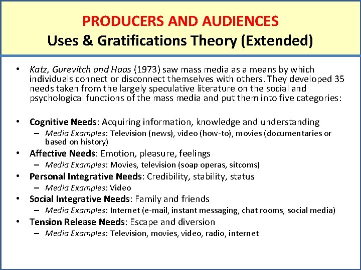 PRODUCERS AND AUDIENCES Uses & Gratifications Theory (Extended) • Katz, Gurevitch and Haas (1973)