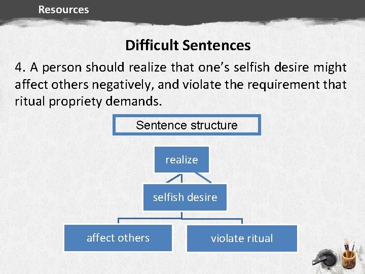 Resources Difficult Sentences 4. A person should realize that one’s selfish desire might Summary