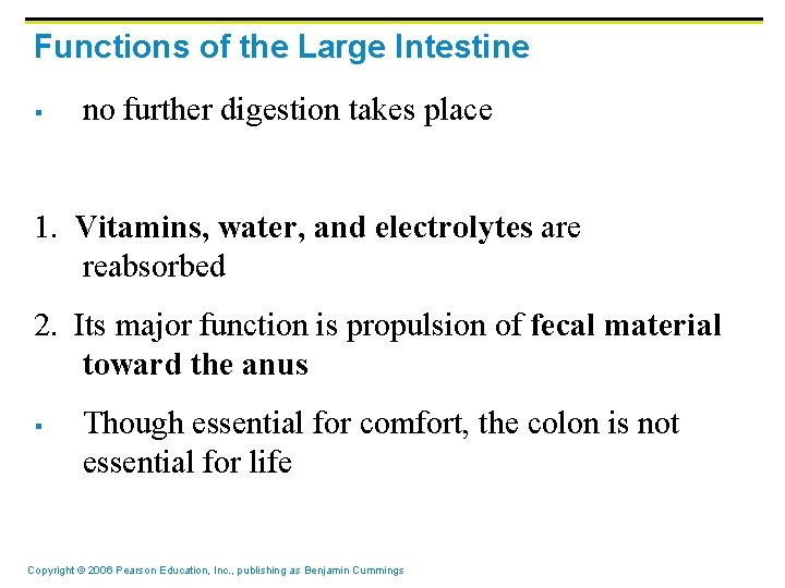 Functions of the Large Intestine § no further digestion takes place 1. Vitamins, water,