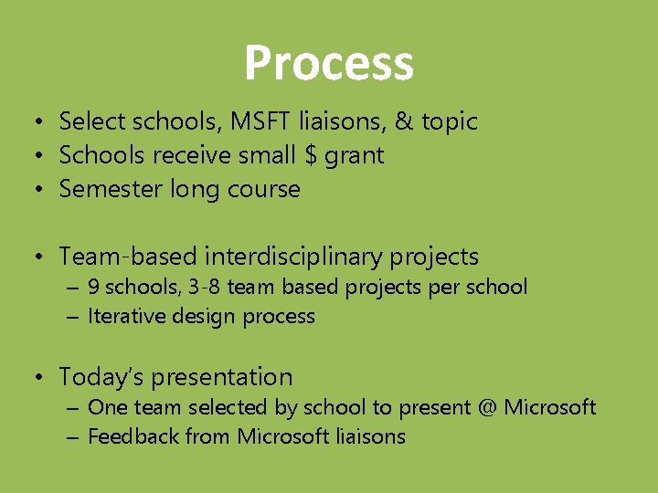 Process • Select schools, MSFT liaisons, & topic • Schools receive small $ grant