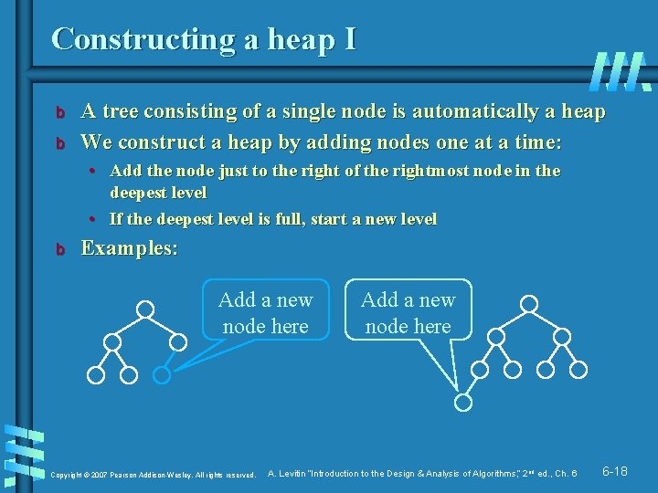 Constructing a heap I b b A tree consisting of a single node is