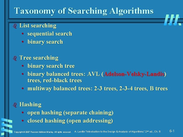 Taxonomy of Searching Algorithms b List searching • sequential search • binary search b