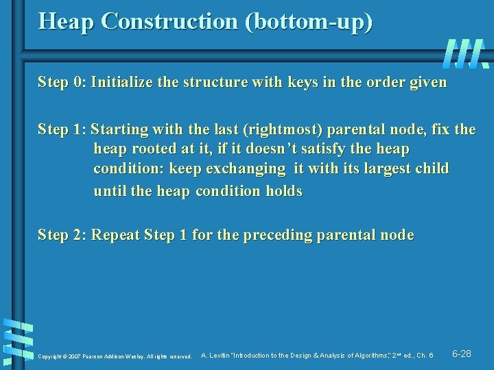 Heap Construction (bottom-up) Step 0: Initialize the structure with keys in the order given