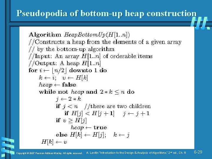 Pseudopodia of bottom-up heap construction Copyright © 2007 Pearson Addison-Wesley. All rights reserved. A.