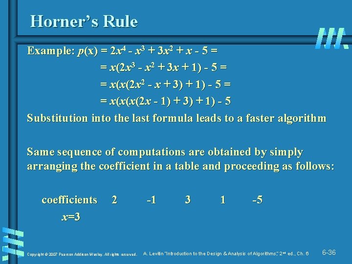 Horner’s Rule Example: p(x) = 2 x 4 - x 3 + 3 x