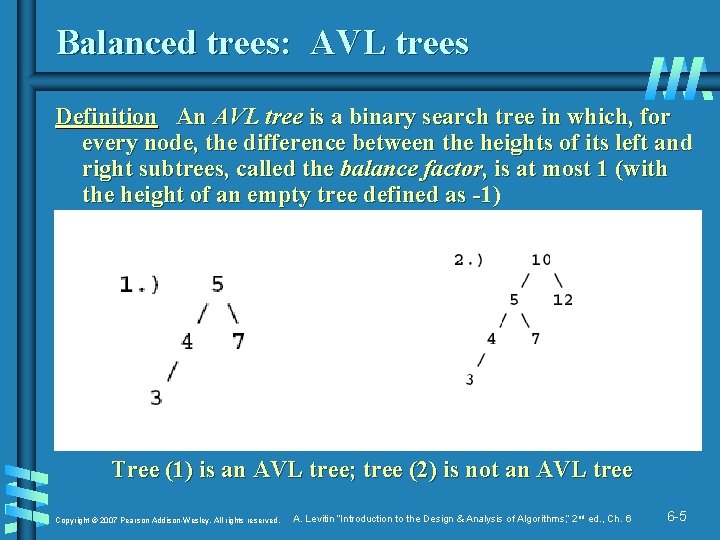 Balanced trees: AVL trees Definition An AVL tree is a binary search tree in