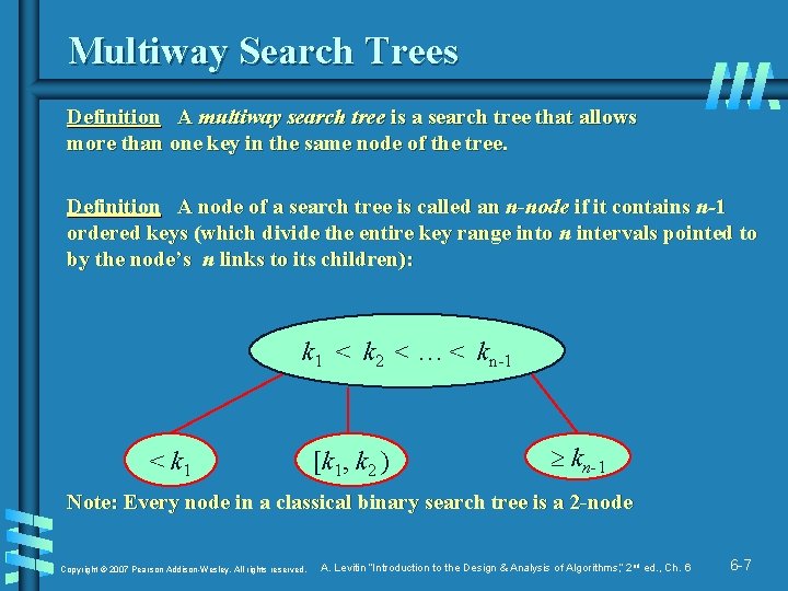 Multiway Search Trees Definition A multiway search tree is a search tree that allows