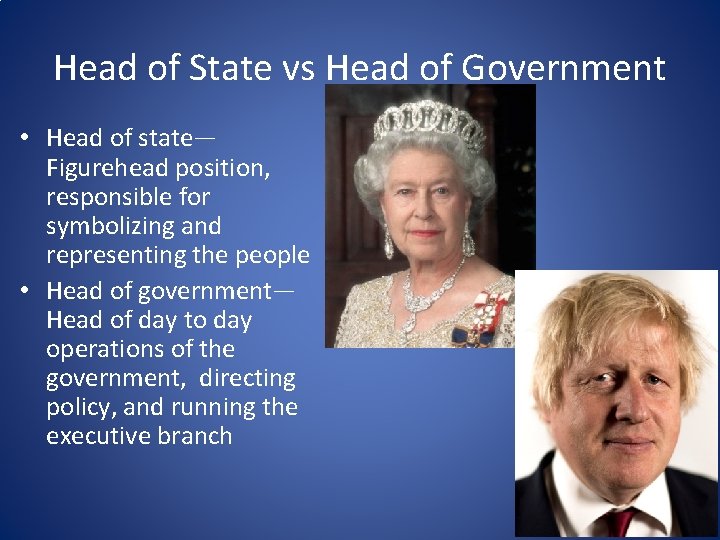 Head of State vs Head of Government • Head of state— Figurehead position, responsible