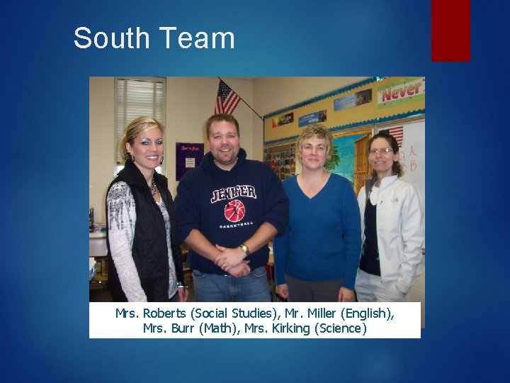 South Team Mrs. Roberts (Social Studies), Mr. Miller (English), Mrs. Burr (Math), Mrs. Kirking